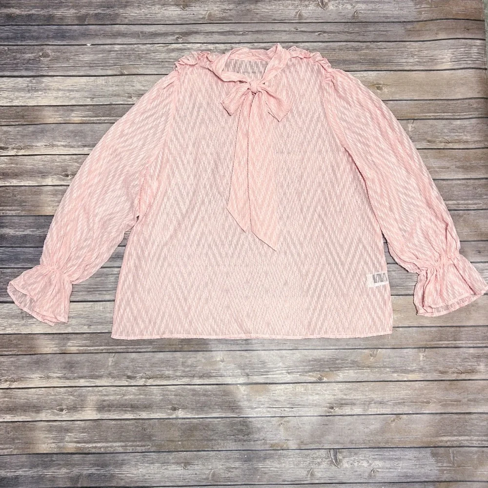 Shein Pink Sheer Chevron Faux Pearl Puff Flounce Sleeve Pussycat Bow Blouse 2XL - Picture 8 of 10